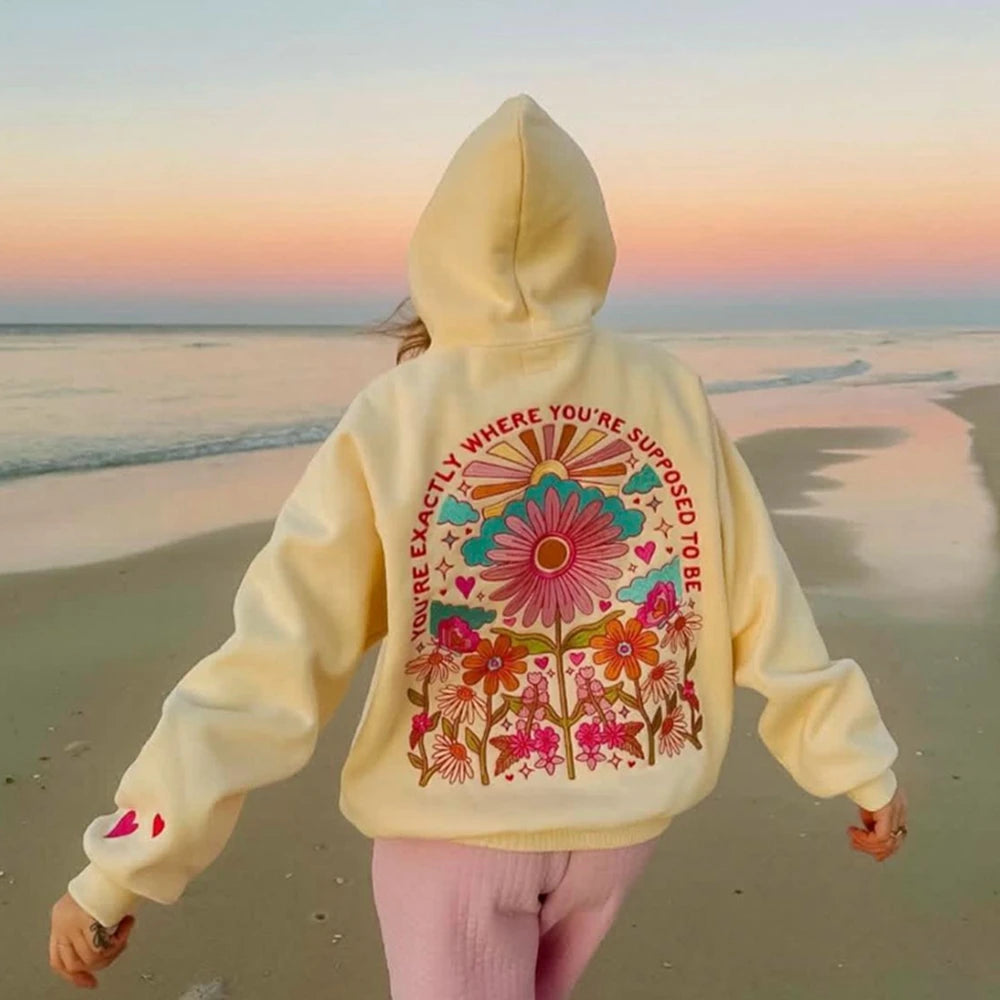 Women's floral letter embroidered hoodie with a loose fit.