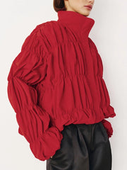 Red Ruched Stand Collar Jacket