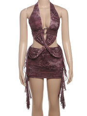 Print Metal Rings Halter Cross Tassel Mini Dress