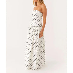 Women's strapless dot/floral print pleated tube long dress with A-line silhouette.