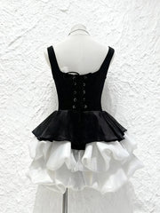 Black Velvet Puff Layered Hem Mini Dress