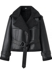 Lapel Belt Fur Lining Faux Leather Jacket