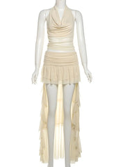 Cowl Crop Top And Ruffles Asymmetrical Skirt Set