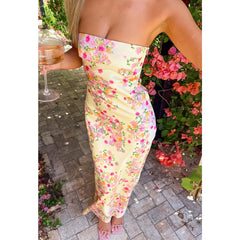 Satin Floral Strapless Maxi Dress