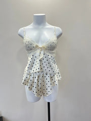 Red Cami Polka Dot Satin Cami Crop Top And Ruffle Shorts Set