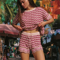 Wavy Stripe Knit Cropped Top and Drawstring Shorts Set