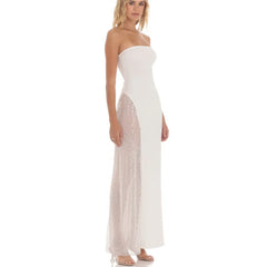 White Strapless Mesh Panel Maxi Dress