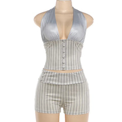 Grey Stripe Halter Tie-Up Crop Top And Shorts Set