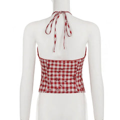 Red Flower Plaid Print Halter Tank Top