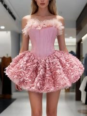 3d Flower Flare Fringe Neck Corset Mini Dress