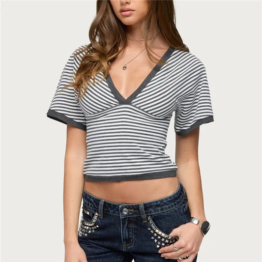 V-Neck Striped Crop T-Shirt