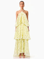 Halter Neck Tiered Ruffle Flower Long Dress