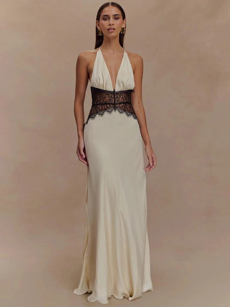 Lace Patchwork Halter Satin Maxi Dress