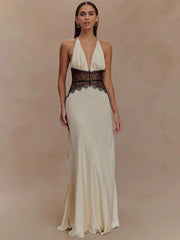 Lace Patchwork Halter Satin Maxi Dress