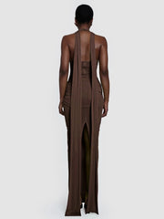 Brown Halter Neck Tie Up Folds With Neck Scarf  Long Dress