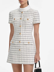 White High Collar Plaid Button Up Mini Dress