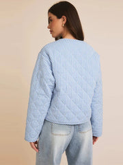 Blue Gingham Heart-Shaped Pocket Padded Jacket
