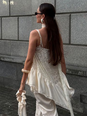 White Lace Printed Strap Long Top