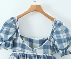 Blue Plaid Short Puff Sleeve Square Neck Bow A-line Mini Dress