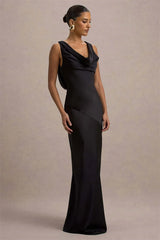Satin Cowl Neck Backless Maxi Dress