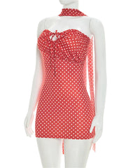 Red Dotted Tie Up Strapless Mini Dress With Scarf