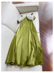 Green Satin Off-shoulder Patchwork Mesh 3d Flower Midi Dress