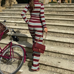 Long Sleeve Lapel Striped Top And Drawstring Pants Sets