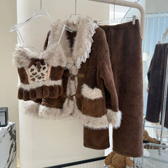 Brown Plush 3 Piece Pajama Set