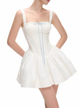 White Square Collar Sleeveless Bow Corset Puffy Short Dress