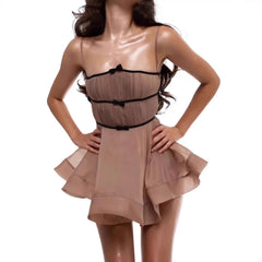 Brown Mesh Strap Mini Flare Dress