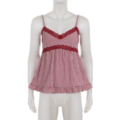 Red Gingham Lace Trim Cami Babydoll Top