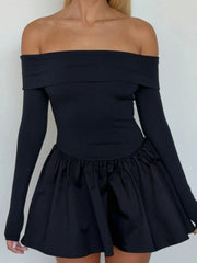 Off-Shoulder Long Sleeve Solid Ruffled Mini Dress