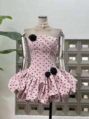 Strapless Polka Dot Flowers Mini Dress With Shorts