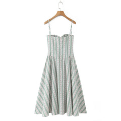 Green Striped Floral Print Corset Style Midi Dress - Sweet Fit & Flare