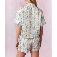 Bunny Carrot Print Button Up Tops And Drawstring Shorts Pajamas Set