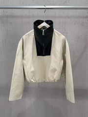 Contrast Stand Collar Cropped Zip Jacket