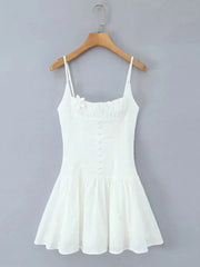 White Spaghetti Strap Eyelet 3d Flower Mini Dress