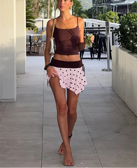 Brown Cami Crop Top And Polka Dot Mini Skirt Set