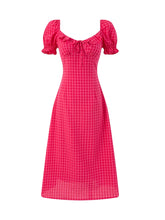 Pink Plaid Puff Sleeve Long Dress