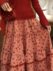 Red Strawberry Print Tassel Long Skirt - Sweet Ball Gown A-Line