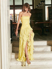 Yellow Strapless Sequin Ruffle Fringe Mesh Maxi Dress