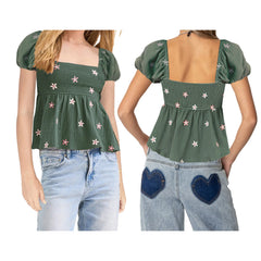 Puff Sleeve Flower Embroidered Smocked Square Neck Babydoll Top