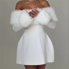 Off Shoulder Fur Trim A Line Mini Dress