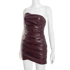 Off-shoulder PU Leather Strapless Ruched Mini Dress