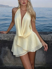 Yellow Folds Mesh Halter Sleeveless Mini Dress