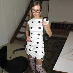 Polka Dot Drawstring Ruched Mini Dress