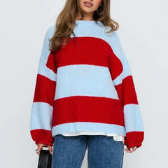 Blue And Red Round Neck Lantern Long Sleeve Striped Sweater