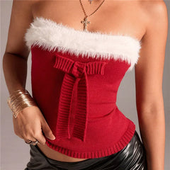 Red Tube Faux Fur Trim Knit Bow Top