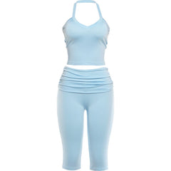 Halter Low-Neck Tank Tops And Elastic Waist Capri Pants Set