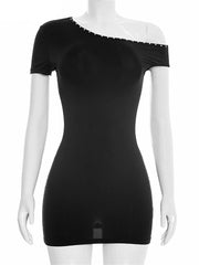 Solid Off-shoulder Short Sleeve Rhinestone Strap Mini Dress